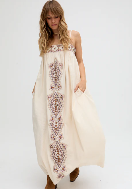 Cream & Sapphire Embroidered Maxi Dress with Thin Straps